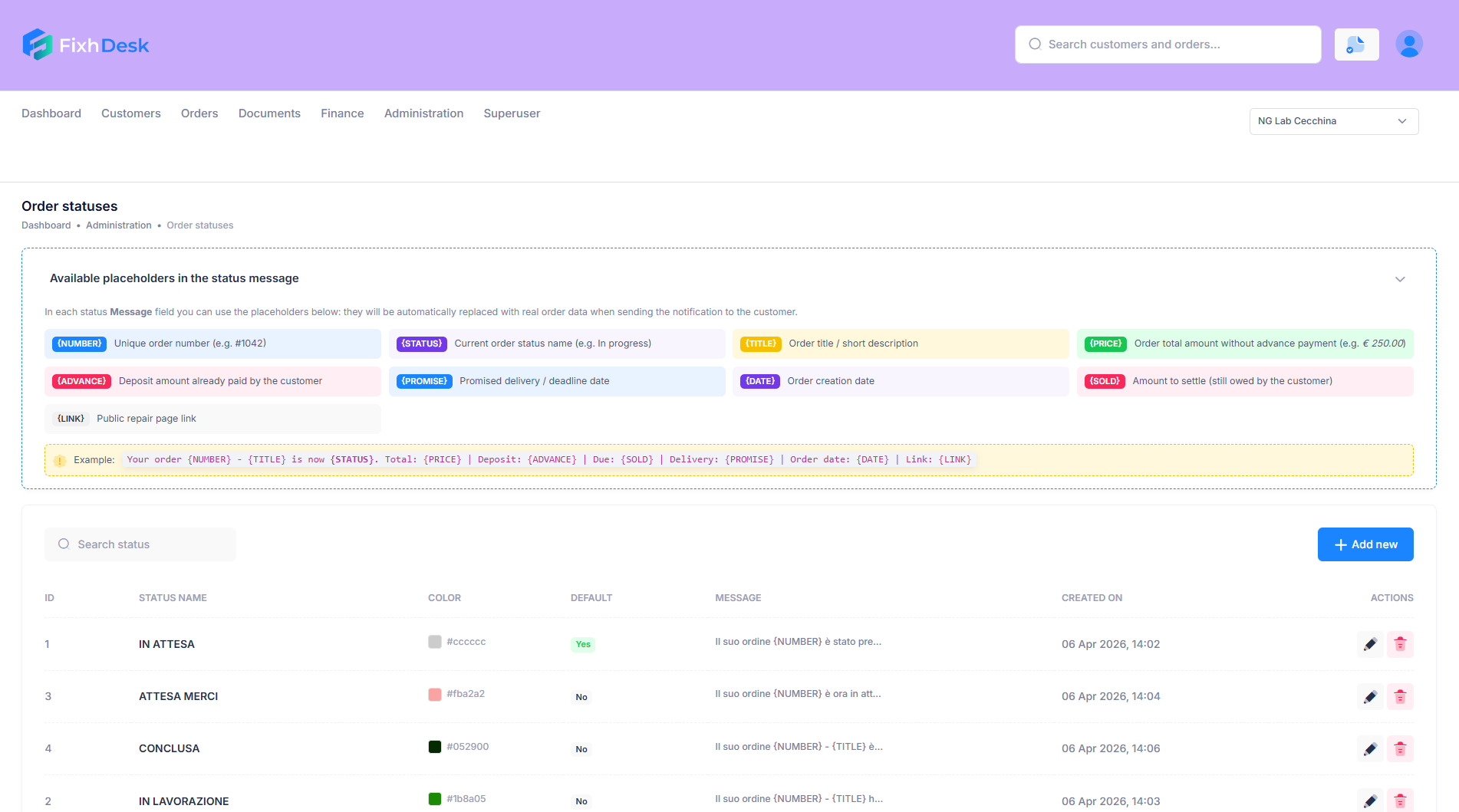 FixhDesk order statuses screenshot