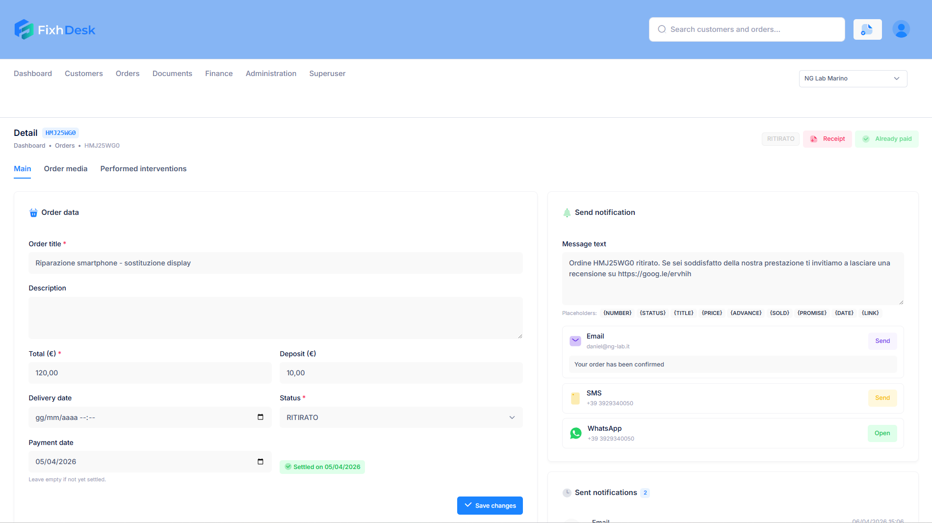 FixhDesk orders screenshot